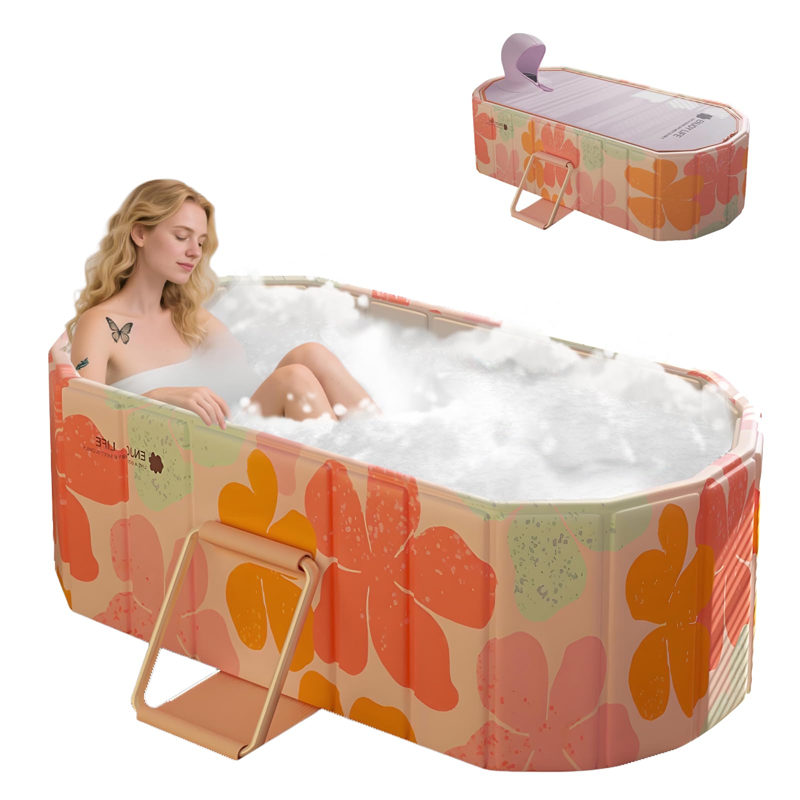 gets 59" xxl oval ice bath tub for athletes,portable bathtub for adults foldable soaking standing hot bath tub for shower stall,separate family bathroom spa with cover(pink,59"×22"×19")