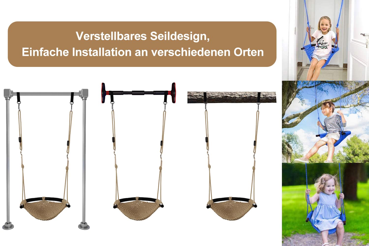 Handgestrickte Kleinkindschaukel, Schaukel für Kinder mit verstellbaren Seilen, Robustes, sicheres Seilschaukel-Set für drinnen, draußen, Spielplatz, Baum, 200 kg Tragkraft (Hellbraun)
