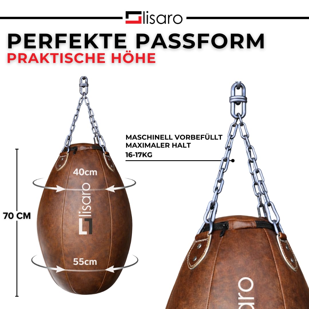 Lisaro Profi Maisbirne 70 cm – Boxbirne Punchingball hängend – 17 kg gefüllt – Premium Kunstleder Punching Bag für Boxen, Muay Thai, Kickboxen, MMA & BJJ – Boxsack Training für Gym & Home Gym