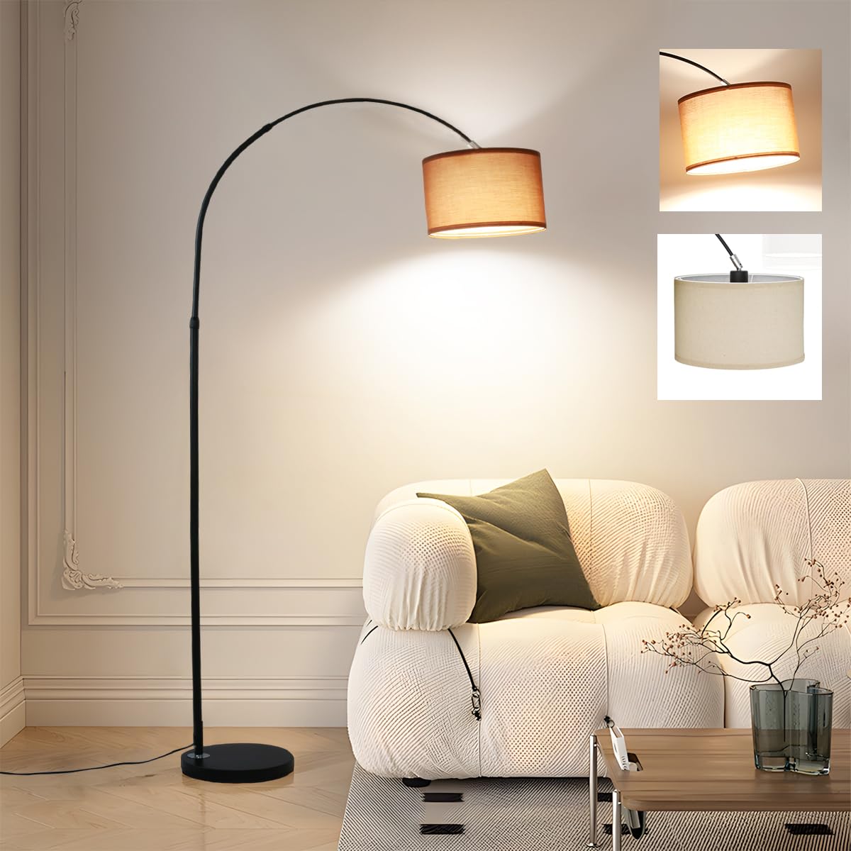 ANTENLICHT LUNA Bogenlampe Vintage | Bogen Stehlampe mit Beige Stoffschirm 33 cm | Fußschalter & E27 LED 3000K | Stehleuchte Silber für Wohnzimmer, Schlafzimmer, Hotel