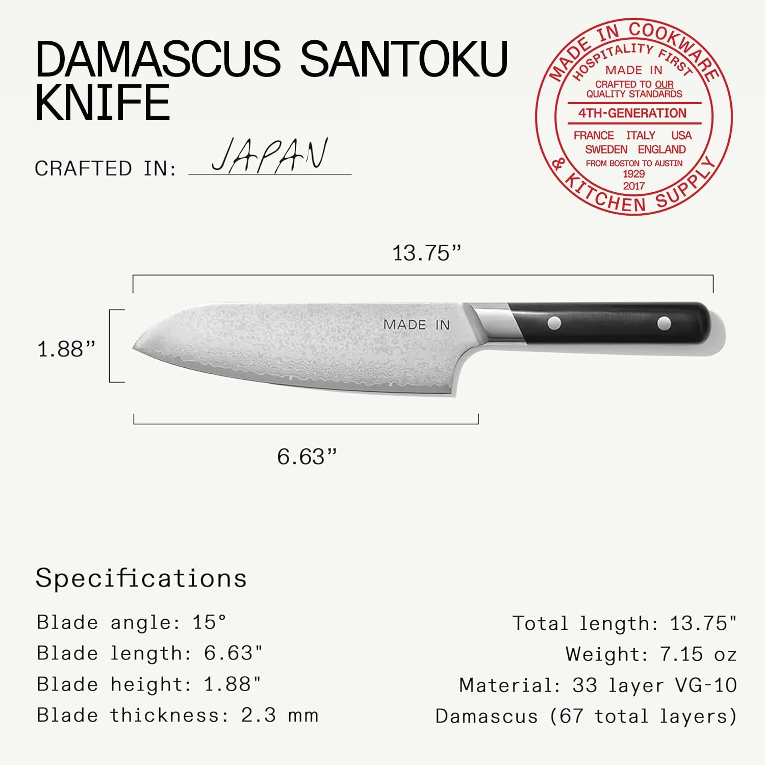 Made In Cookware | 6" Japanese Damascus Steel Santoku Knife | 66 Layers of Damascus Steel with a VG-10 Core | Crafted in Japan | Full Tang With Black POM Handle