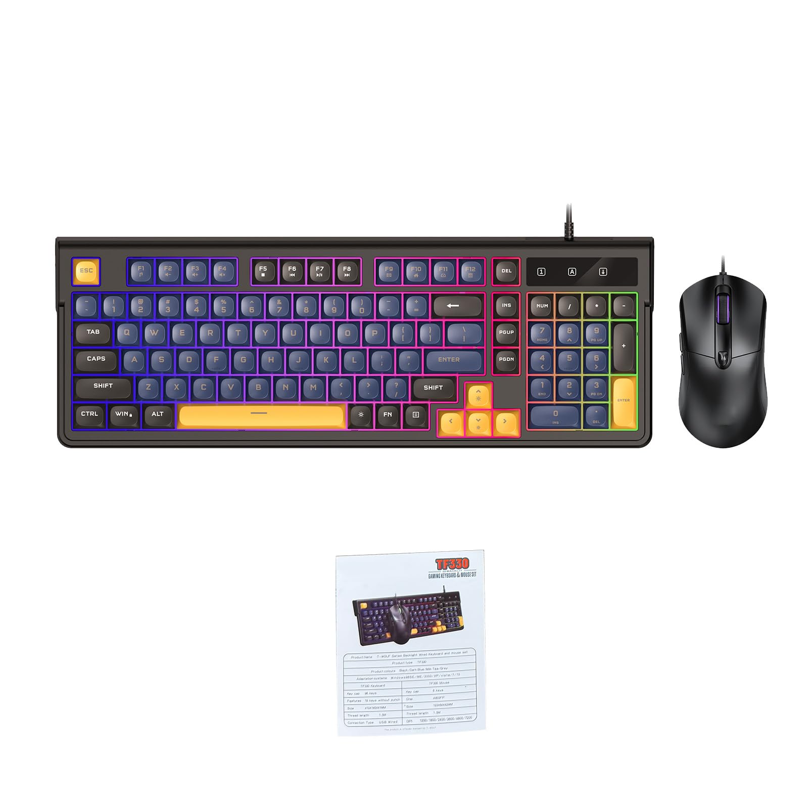 Ergonomiczna Klawiatura i Mysz do Gier z Podświetleniem RGB, Kolorowym Oświetleniem, Kompaktowym Układem, funkcją USB Plug and Play dla, MacOS (Niebieski czarny zestaw)