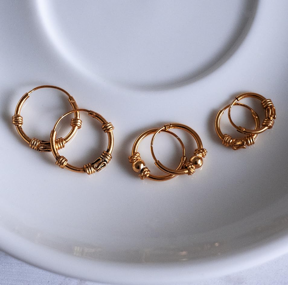 Hoops & Loops 925 Sterling Silver Set of 3 Pairs 10mm, 12mm & 14mm Bali and Bali Bead Endless Hoop Earrings for Women Men | Silver, Yellow & Rose Gold3