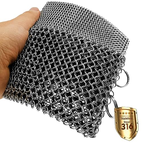 ERGONOW Gusseisen-Kettennetz-Schrubber – feiner Ring – 316 Edelstahl Bratpfannenreiniger – Eingebautes Silikon mit geschweißten Ringen – für Kochgeschirr, Gusseisentöpfe, BBQ und Teller (Standard 2 in