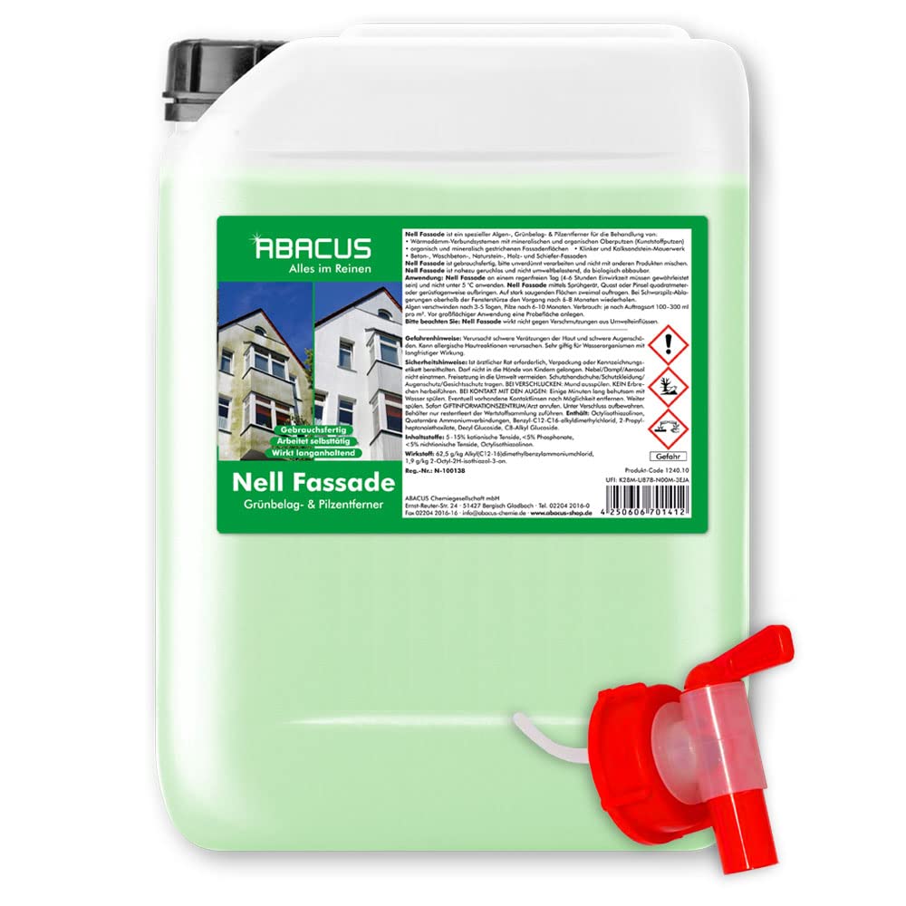 ABACUS® Fassadenreiniger, Grünbelagentferner für Fassaden, Putz & Hauswände – Entfernt selbsttätig Pilze, Flechten & Algen von Fassaden – Nur 0,1L pro m², Nell Fassade 25 Liter (7429)