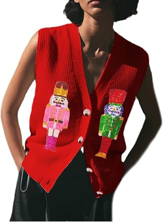 Womens Sequin Holiday Sweater Vest Vintage Embroidered Beaded Button Front Crochet Tank Y2K Novelty Knit Vest Tops