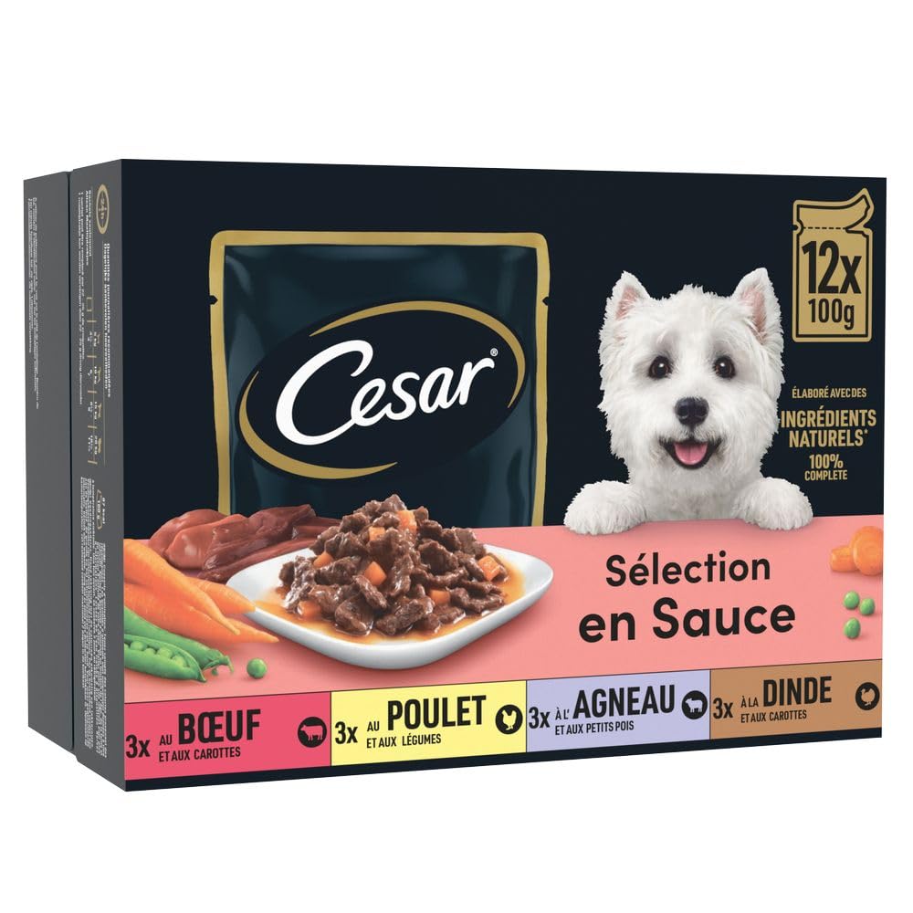 CESAR Repas pour Chien - 48 Sachets Fraîcheur (Lot de 4 Packs 12x100g) - Pâtée pour Chien en Sauce - Boeuf/Poulet/Agneau/Dinde - Nourriture Complète & Equilibrée avec des Ingrédients Naturels