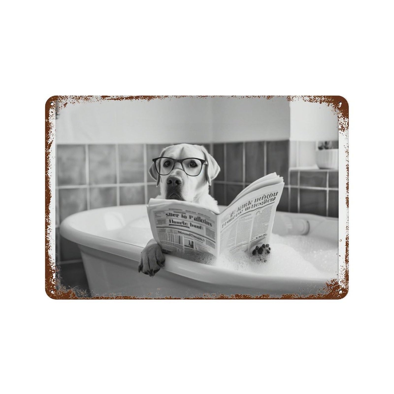 xiaoxiaoshen Labrador in Bathtub Dog Reading Newspaper, Funny Yellow Lab Bathroom Decor Wall Decor Art Metal Tin Poster Modern Home Decor Art Home Bar Shop Decorations Vintage Sign 20x30cm