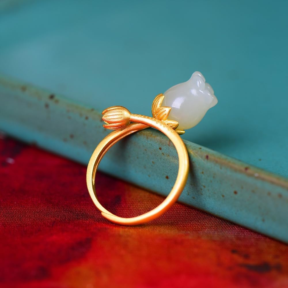 S925 Silver-Inlaid Natural White Jade Orchid Ring Opening Adjustable Including Certificate