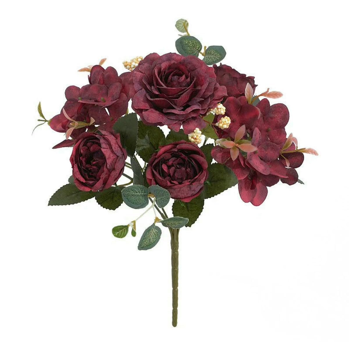 Ayhtud Red Artificial Flowers Retro Silk Rose Bouquet Hydrangea Peony Vintage Bride Holding Fake Plants Home Wedding Decoration Accessories