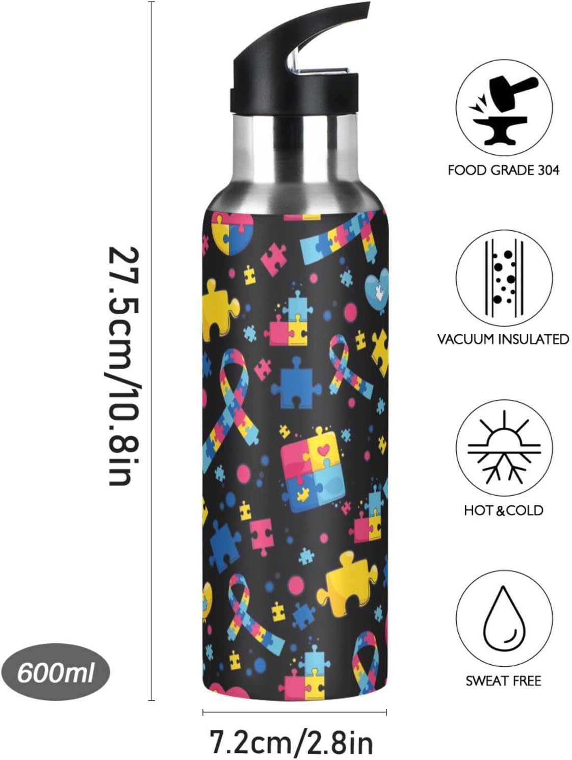 Stainless Steel Water Bottle with Straw Lid - 20 Oz Sports Insulated Water Bottle for Sport Gym Outdoor Travel School (Autism custom made)