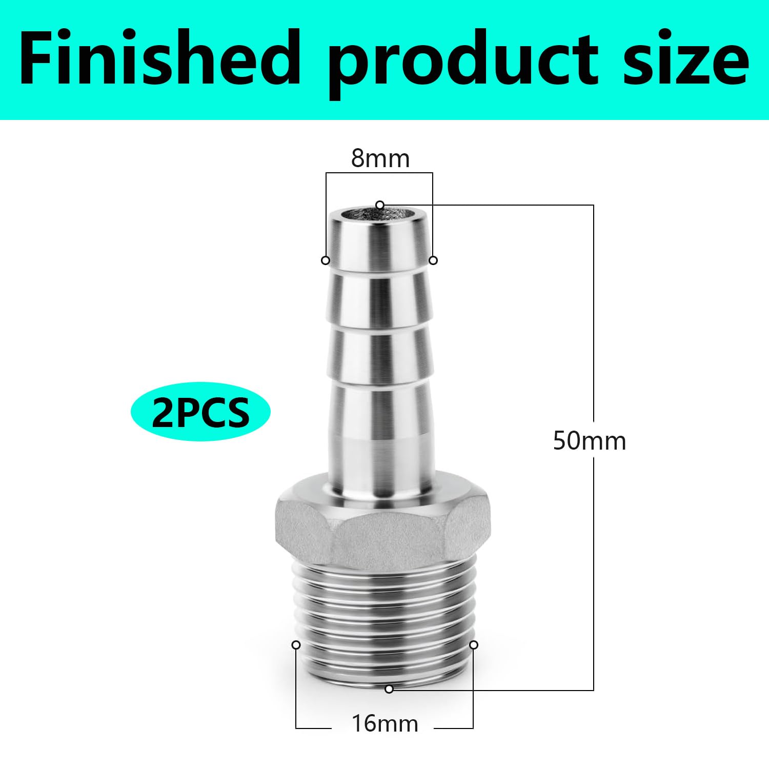 QZKJQDD 2 Pcs Stainless Steel Barb Hose Fitting, 8 MM Barb to 3/8" BSP Male Hose Barb Fittings - Image 2