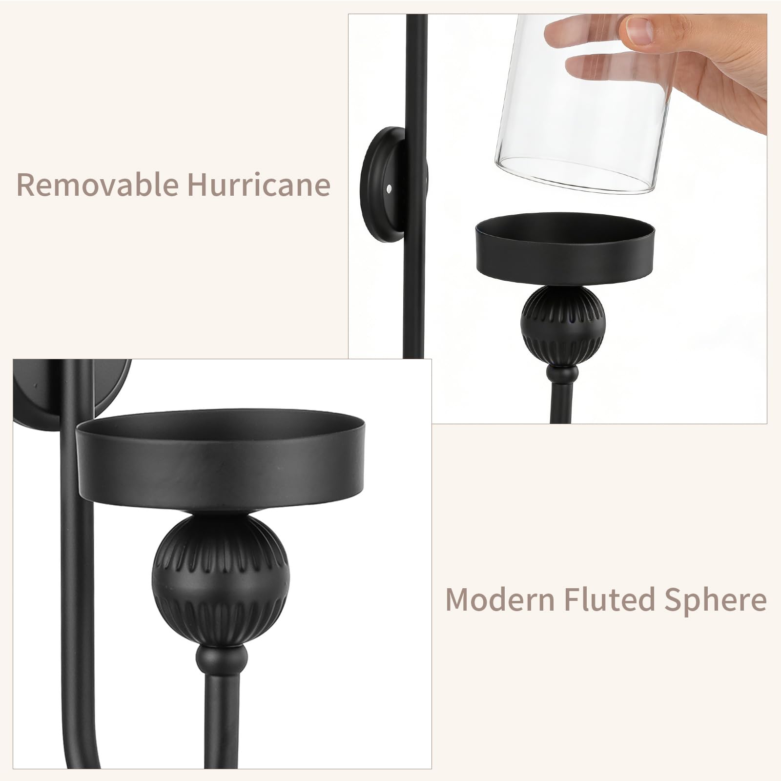 Sziqiqi Negro Portavelas de Pared Metálicos: Apliques para Pilares Juego de 2 con Cristales Antiviento - Soportes Modernos de Pared para Velas como Decoración de Pared para Salón Baño Dormitorio