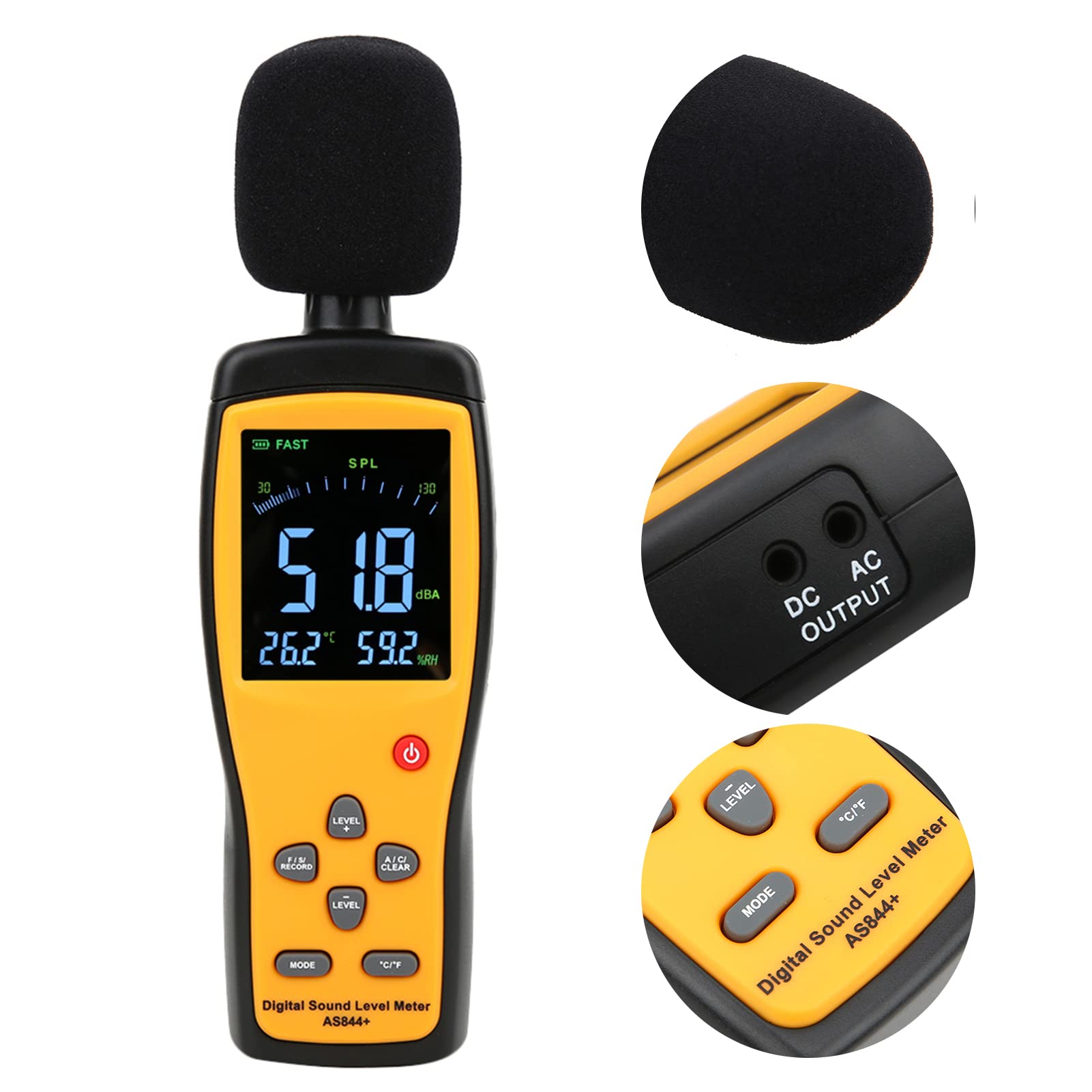 Fafeicy AS844+ Digital Decibel Meter Miernik Poziomu Szumu Miernika Szumu z Wyświetlaniem Danych LCD Storage 15000 Zestawów USB Pobierz do Ruchu Home Library Monitorowanie Szumów