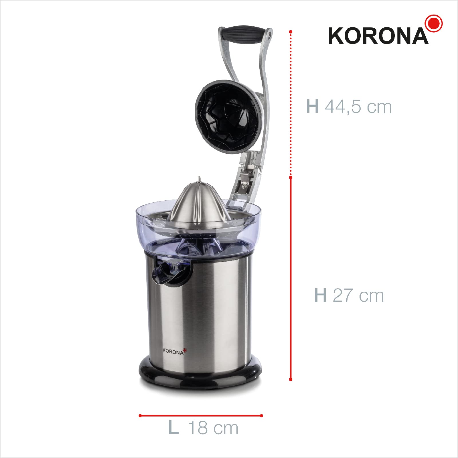 Korona 27050 Zitruspresse | Hochwertiges Edelstahlgehäuse | Ergonomischer Hebelarm | Mühelos bedienbar | 130 Watt | Ausgießer mit praktischem Tropf-Stopp, Orange