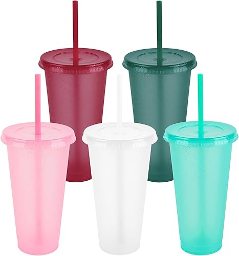 Talifoca 5 bicchieri colorati in plastica riutilizzabili con coperchio e cannucce, bicchieri da 24 oz infrangibili, per feste, campeggio e bambini, bicchieri di plastica per smoothie e caffè