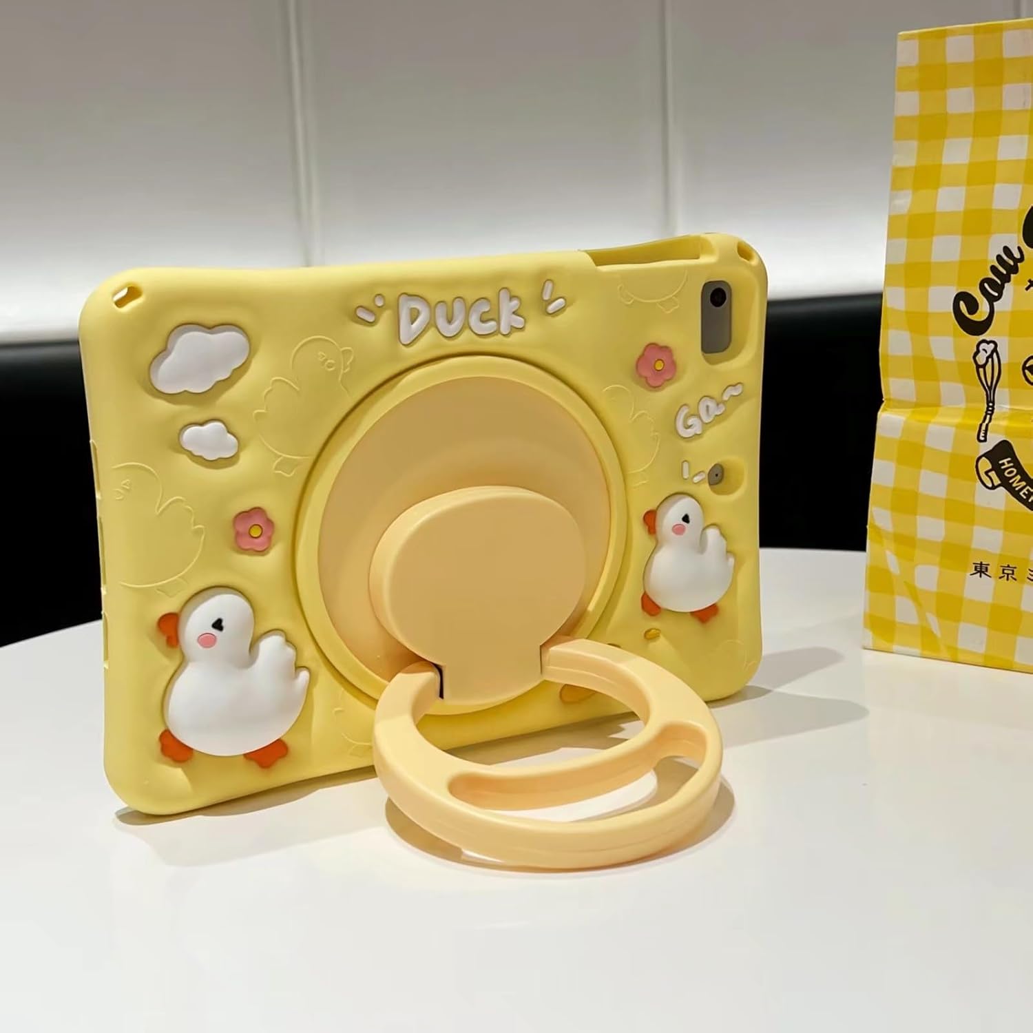 3D Cute Press Duck Case for Samsung Galaxy Tab A 10.1 inch 2019 SM-T510/T515(Not for Other 10.1 inch Tablet),Kawaii Cartoon Duck Soft Silicone Rotating Stand Case with Lanyard for Kids Teens Girls