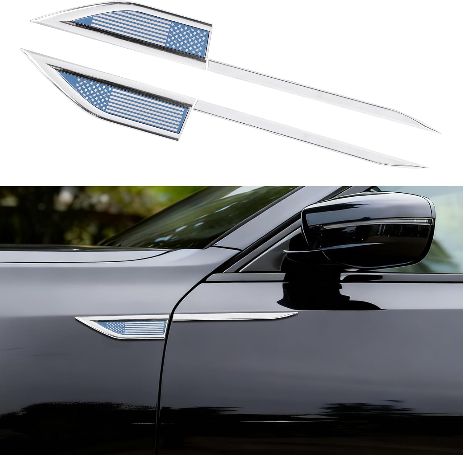2 Pieces Car Side Door Wing Metal Emblem Badges, 9.8 x 1.2 Inch Alloy 3D Car Stickers - Self-Adhesive, Scratch-Resistant& Waterproof, High-end and Personalized Car Accessories (Blue-American Flag)