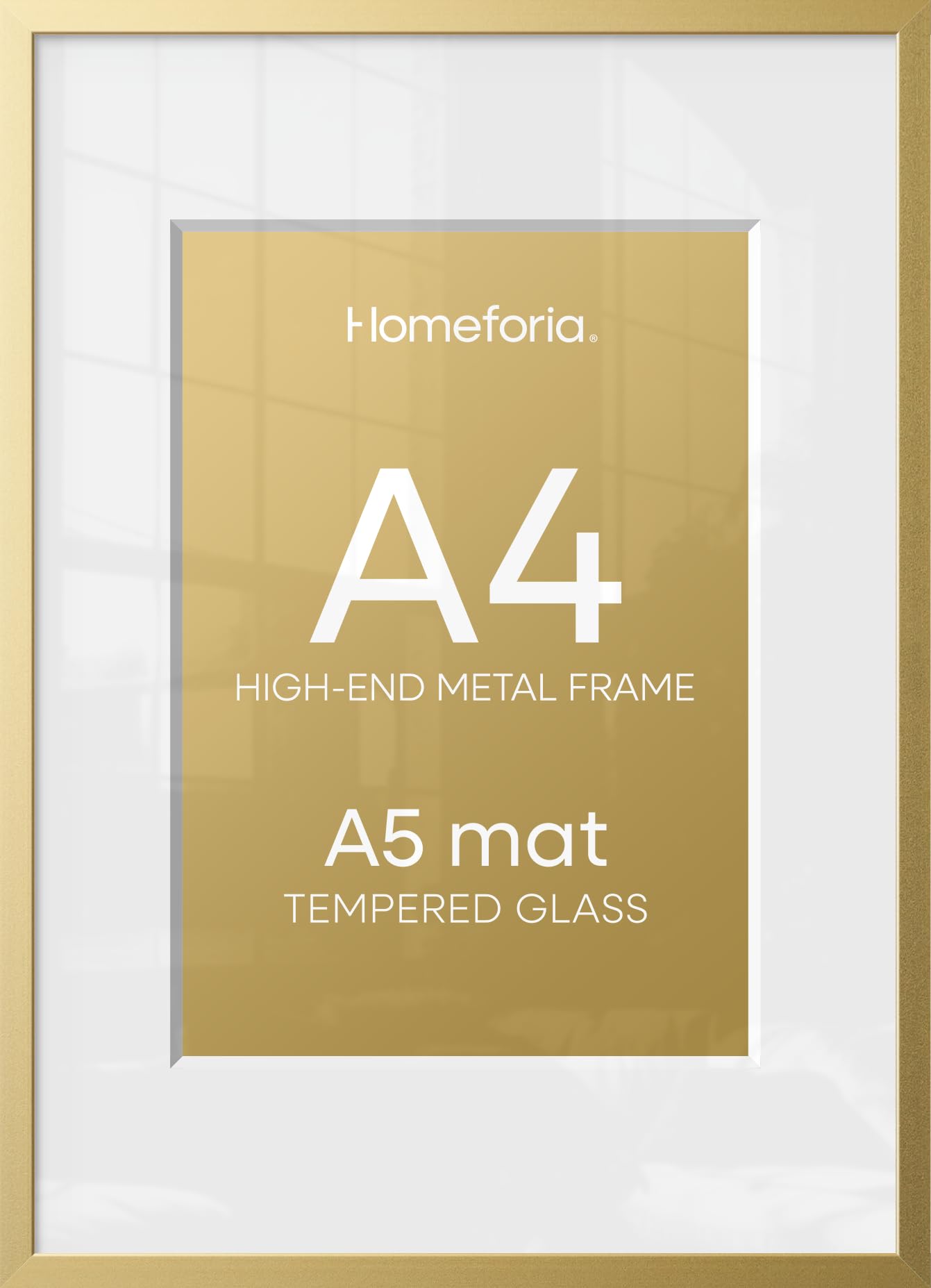 Homeforia A4 Gold Picture Frame, High-End Metal, A5 Mat, Glass | High End Aluminum, Tempered Glass, Acid-Free A5 Removable Mat, A4 Edge-to-Edge Display, Wall Kit, Set Of 1