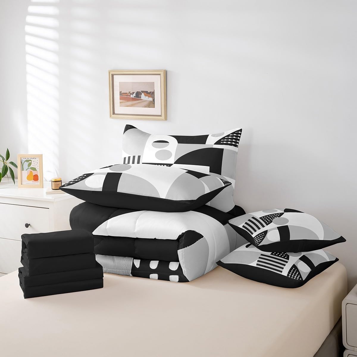 Feelyou Geometric Bedding Set Queen Size 7 Pieces Modern Decor Comforter Set Modern Art Luxury Black White Bed in a Bag with Comforter, Sheets, Pillowcases & Cushion Cover Room Decor