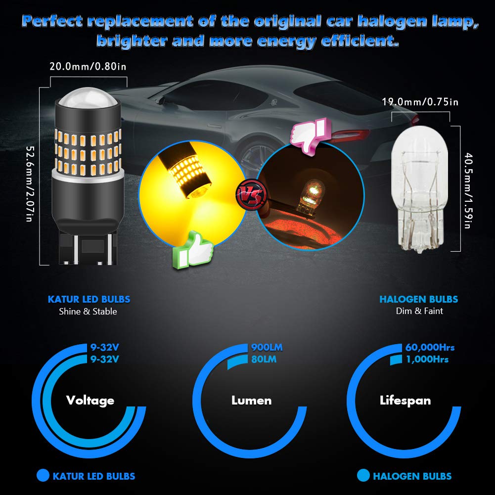 KATUR 7443 7444NA 7440 7440NA 992 żarówka LED 900 lumenów 3014 78SMD soczewki LED żarówki do kierunkowskazu hamowania, tylne światło hamowania, bursztynowe (opakowanie 10 szt.)