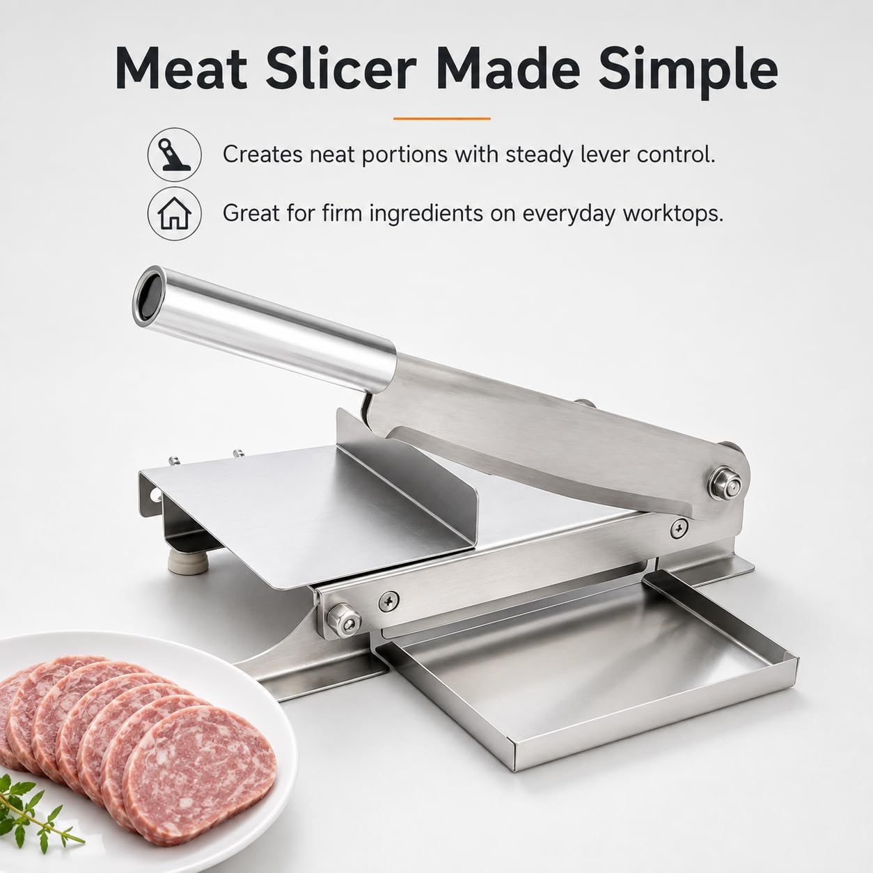 Cortador de carne con grosor ajustable y palanca de 35 cm, diseño compacto con bandeja de recogida para una preparación eficiente de alimentos
