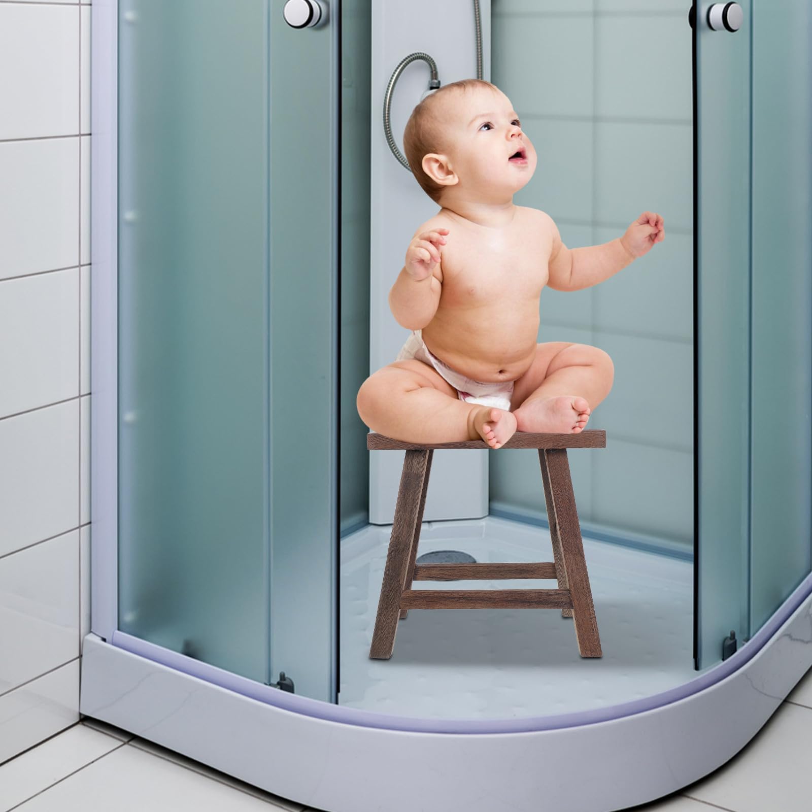 Taburete Infantil de Madera Maciza, Banco Pequeño Curvado de 28 Cm