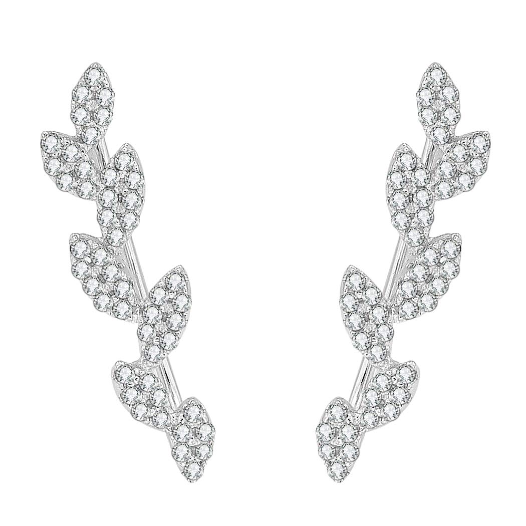 EleQueen 925 Sterling Silver Cubic Zirconia Olive Leaf Branch Ear Crawlers Cuff Bridal Hook Earrings 1 Pair