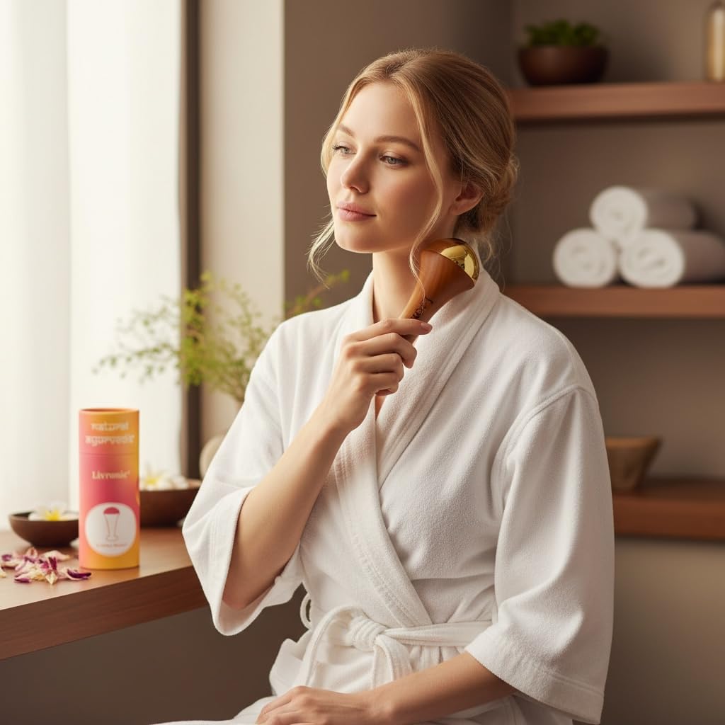 Livronic® Premium Bronze Kansa Wand | 2-in-1 Ayurvedic Facial & Foot Massage Tool | Teak Wood Handle for Detoxification, Relaxation & Puffiness Reduction,Full Body Massage,Sculpting Tool (Dual Side) 2