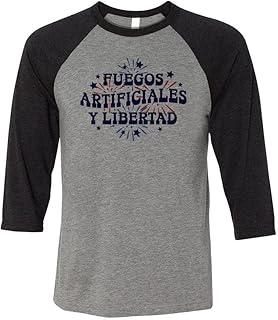 TeesAndTankYou Fuegos Artificiales y Libertad Three-Quarter Raglan Sleeve Baseball Shirt Unisex 2X-Large Grey/Black
