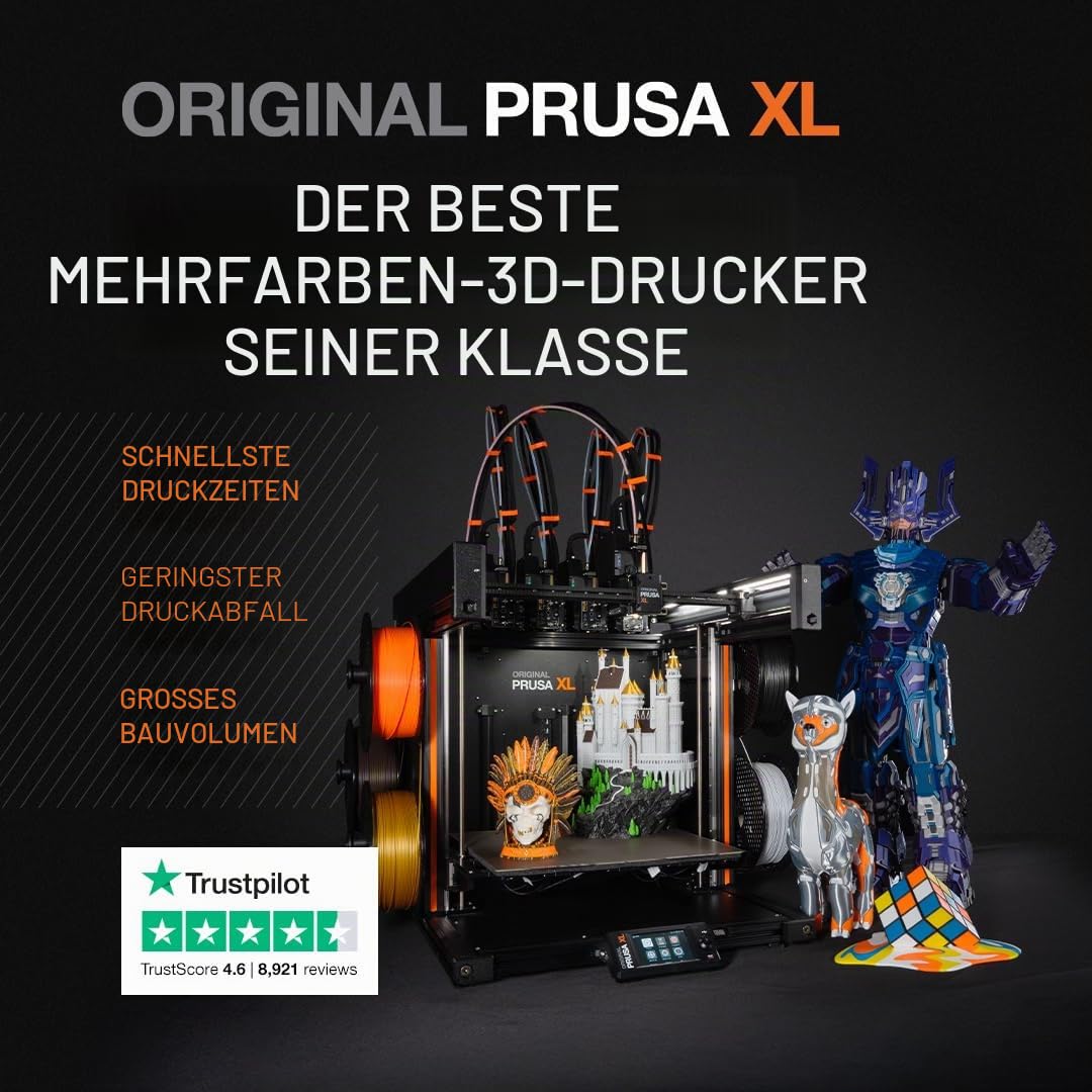 ORIGINAL PRUSA XL zusammengebaut | 5 Druckköpfe | CoreXY 3D-Drucker | 36×36×36 cm Druckvolumen | Inkl. satiniertes Blech & 1 kg Schwarze Prusament PLA Spule