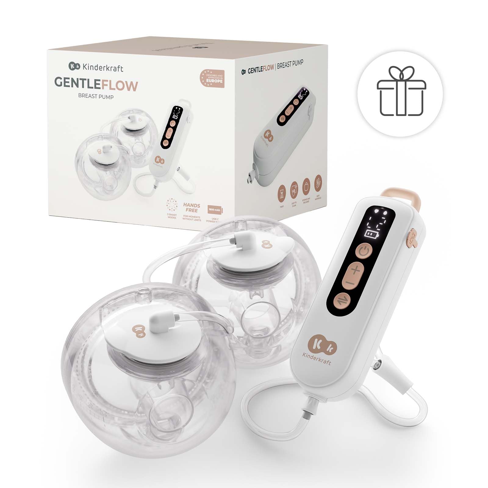 Kinderkraft GENTLEFLOW Laktator Elektryczny Podwójny, 3 Tryby, 9 Poziomów, Pamięć Ustawień, 5 Rozmiarów Lejkóws, Bateria 1800 mAh, USB-C, Łatwe Mycie, 120 Min Pracy, Złoty
