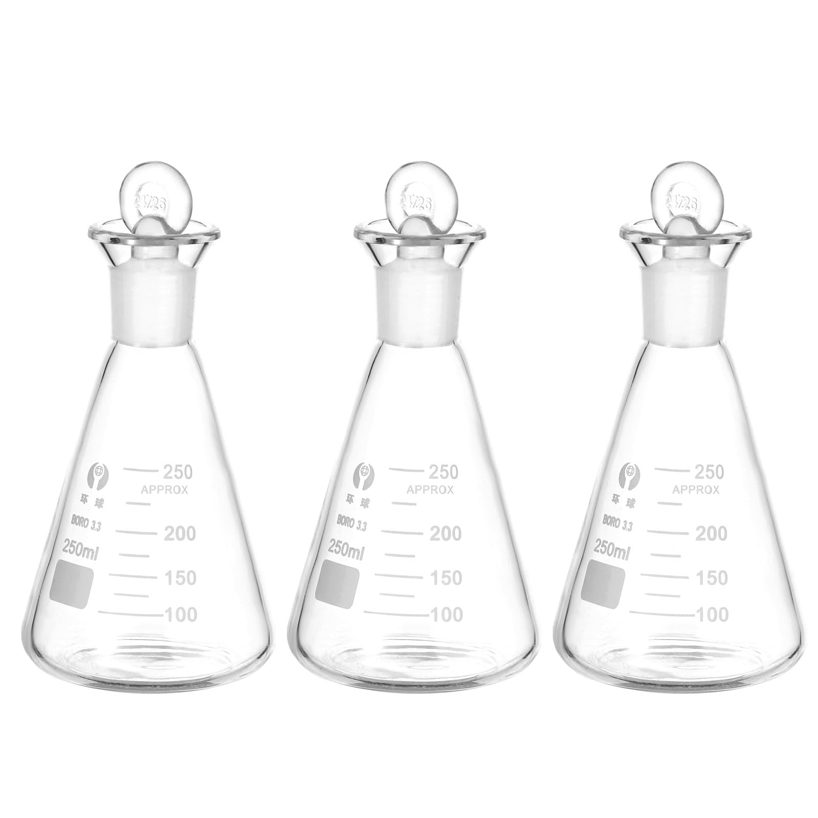 PATIKIL Erlenmeyer-Kolben 3 Stück 250ml 8.5oz Schmale Öffnung Messkolben Mit Glasstopfen Borosilikatglas Kolben Mit Aufgedruckter Skala Für Laborversuche Chemie Wissenschaft