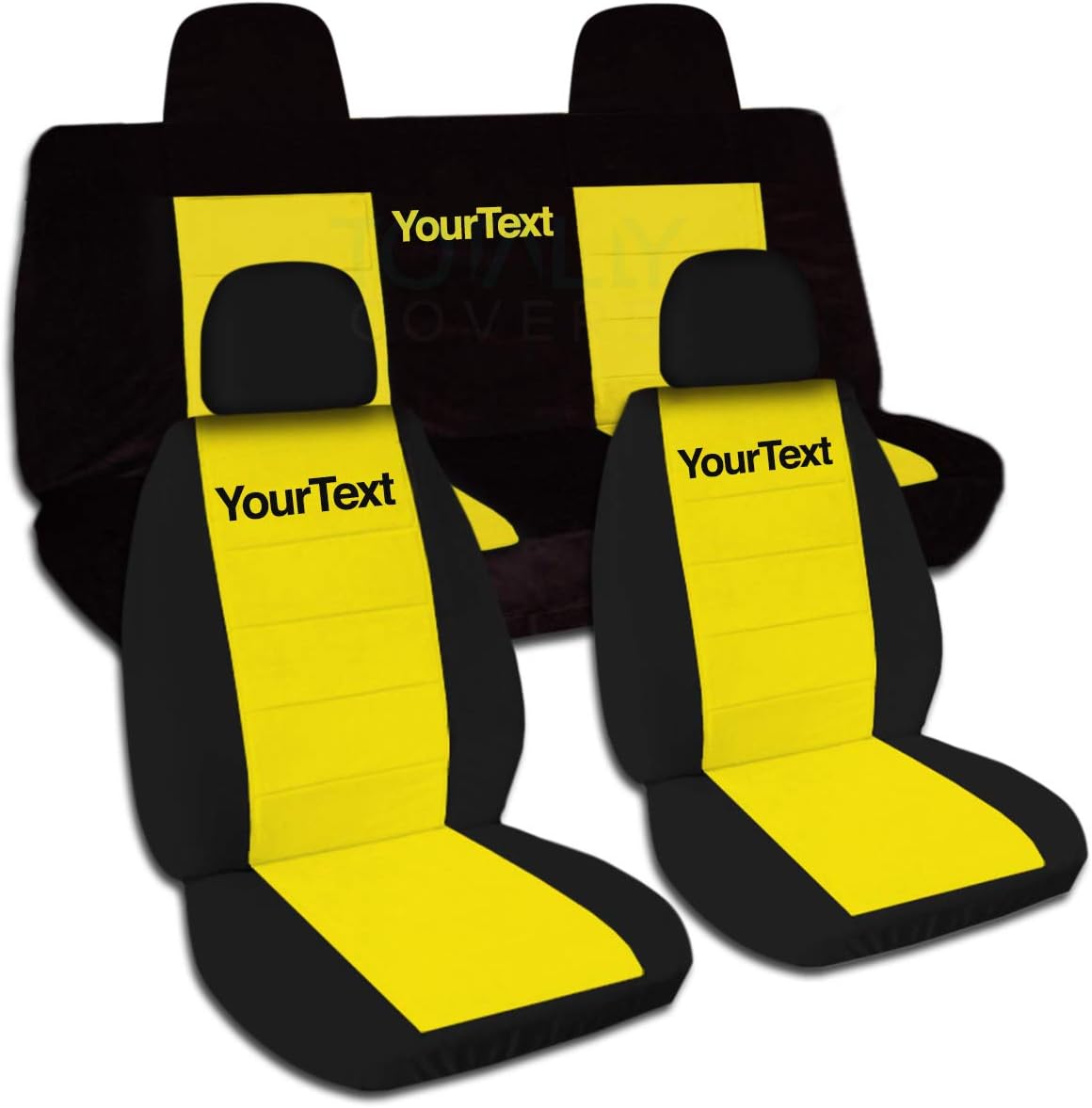 Totally Covers Compatible with 2007-2017 Jeep Compass/Patriot Two-Tone Seat Covers w Name/Text: Black & Yellow - Full Set Front Buckets & Split Rear Bench
