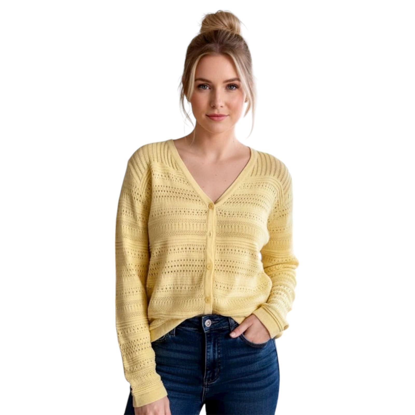 K.SALARIA Women's Knit Button-Down Cardigan, Pastel Yellow, Sweater, Textured Pattern-picture-30