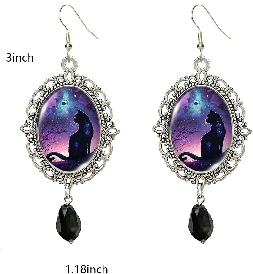 Gothic Black Cat Cameo Earrings Vintage Crystal Glass Cats Silver Finish Frame Dangle Earring with Black Bead Goth Victorian Earring Punk Style Mystery Earring Halloween Jewelry for Women - Image 5