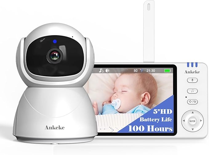 5" Video Baby Monitor with Camera and Audio, 720P HD Wireless No WiFi No App, 2-Way Talk,Voice Motion Detection, 8 Lullabies, 1000ft Long Range, Night Vision, Temperature & Feeding Alarm, 355° PTZ
