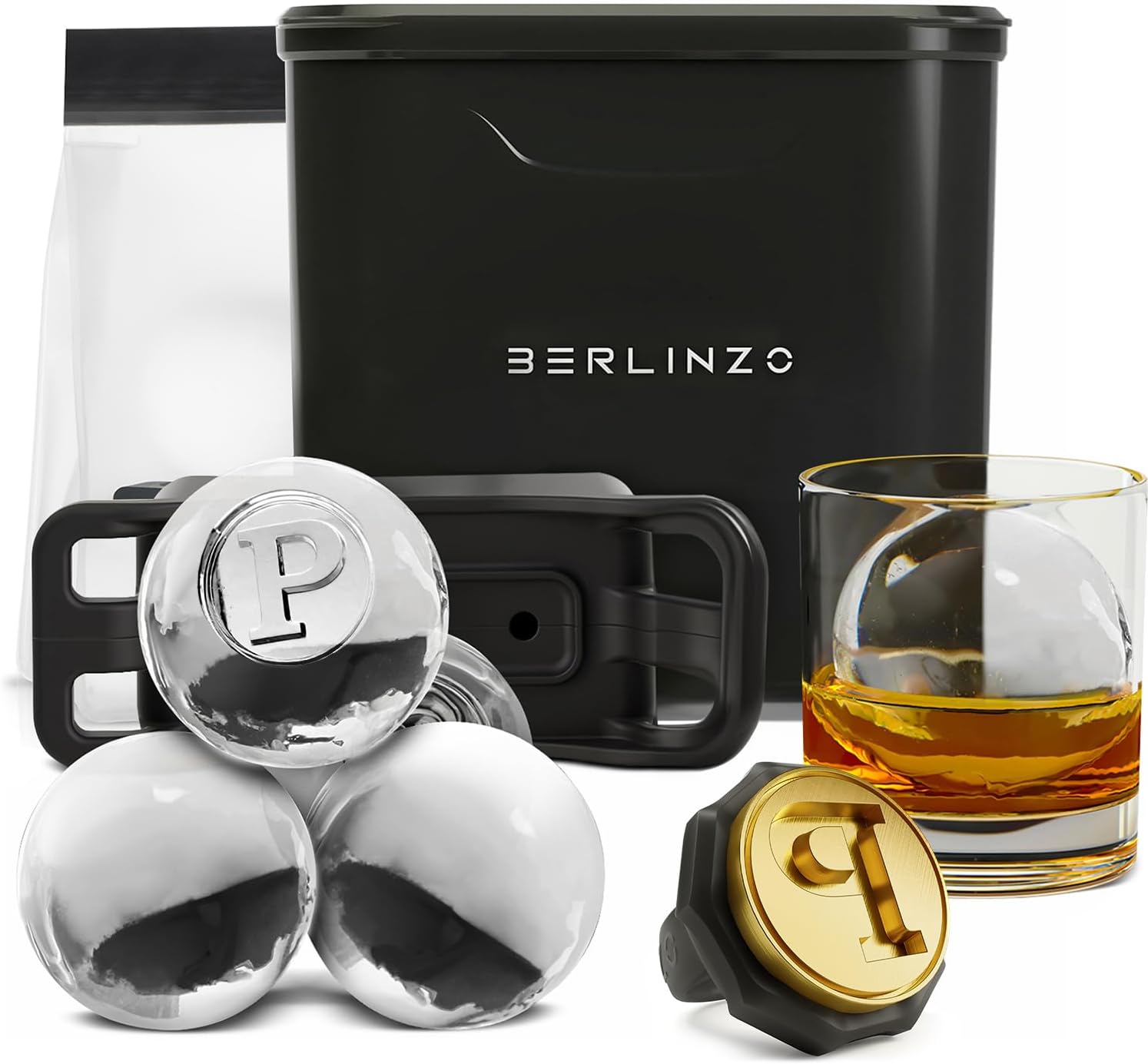 Berlinzo Premium Clear Ice Ball Maker Mold with Ice Stamp Ring Letter P - 2 Large 2.4" Crystal Clear Ice Balls - Easy-to-Remove Ice Sphere Mold - Storage Bag Included, Black (Non-Electric Ice Maker)