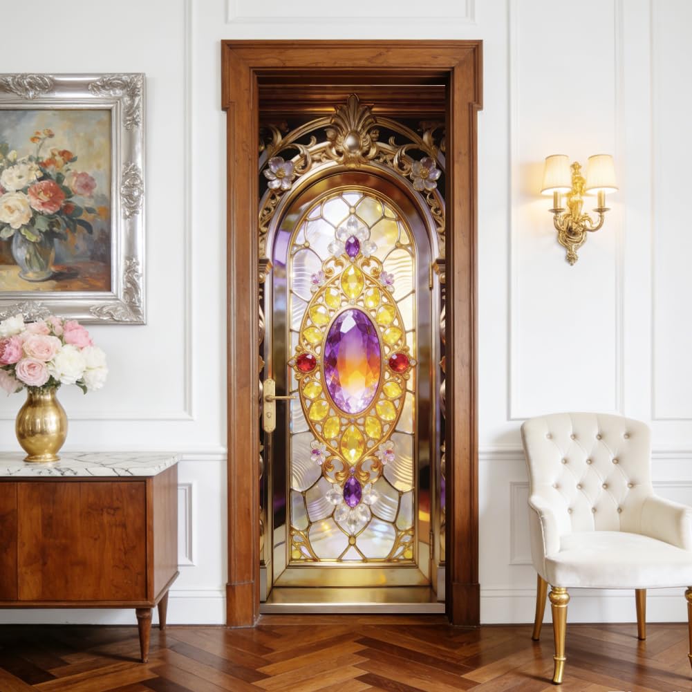 arricraft 2 Pcs 3D Self-Adhesive Door Sticker, 31.5"x78.7" Colorful Glass Gemstones Pattern Door Decorations Door Murals Stickers PVC Removable Wallpaper Decoration for Bedrooms ​Living Room
