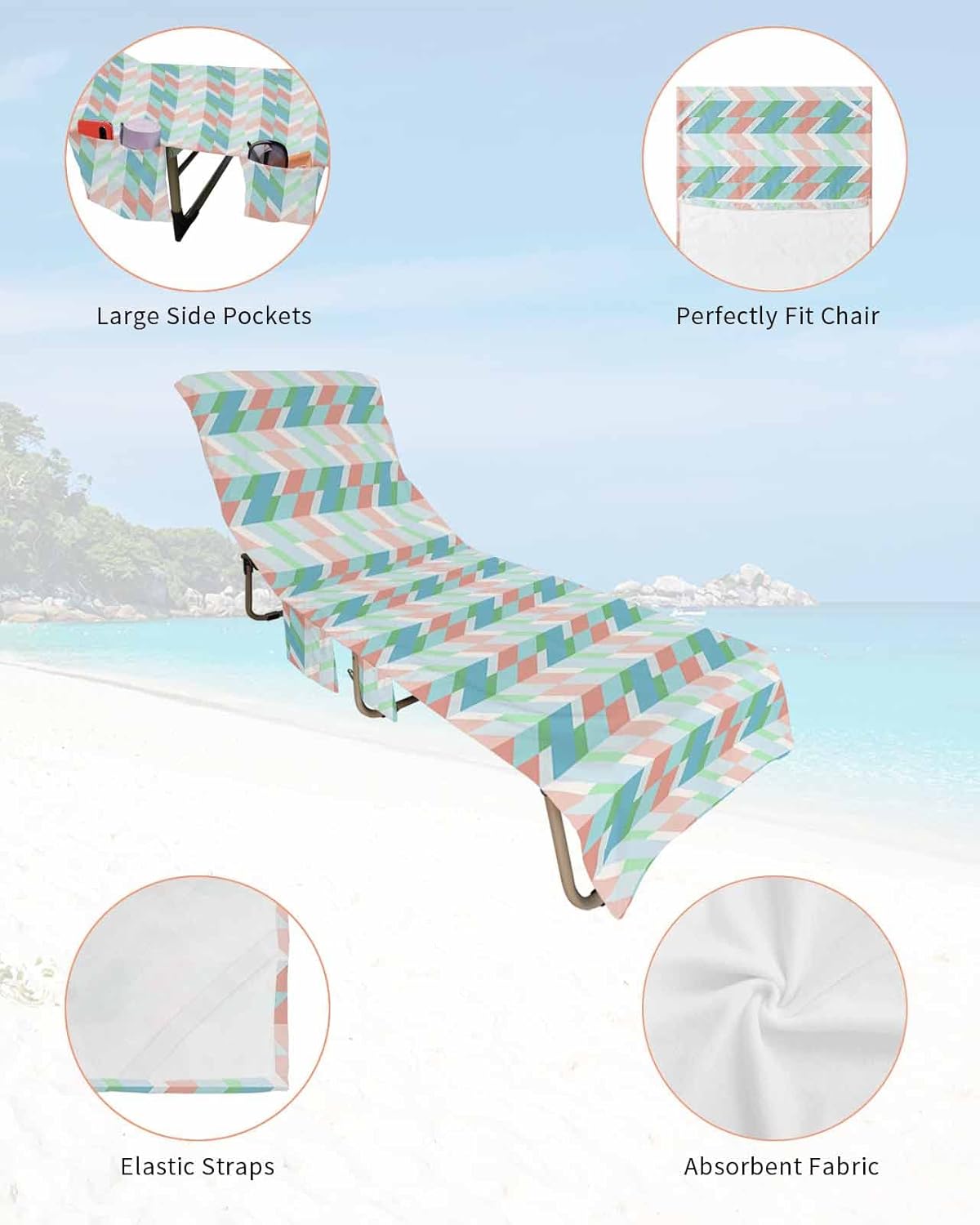 Geometric Teal Beach Pool Patio Lounge Chaise Chair Cover Towel With Pockets,Absorbent & Quick Dry Microfiber Towel Cover Bag Summer Accessories for Sunbathing Red Green Modern Abstract Minimalist Art