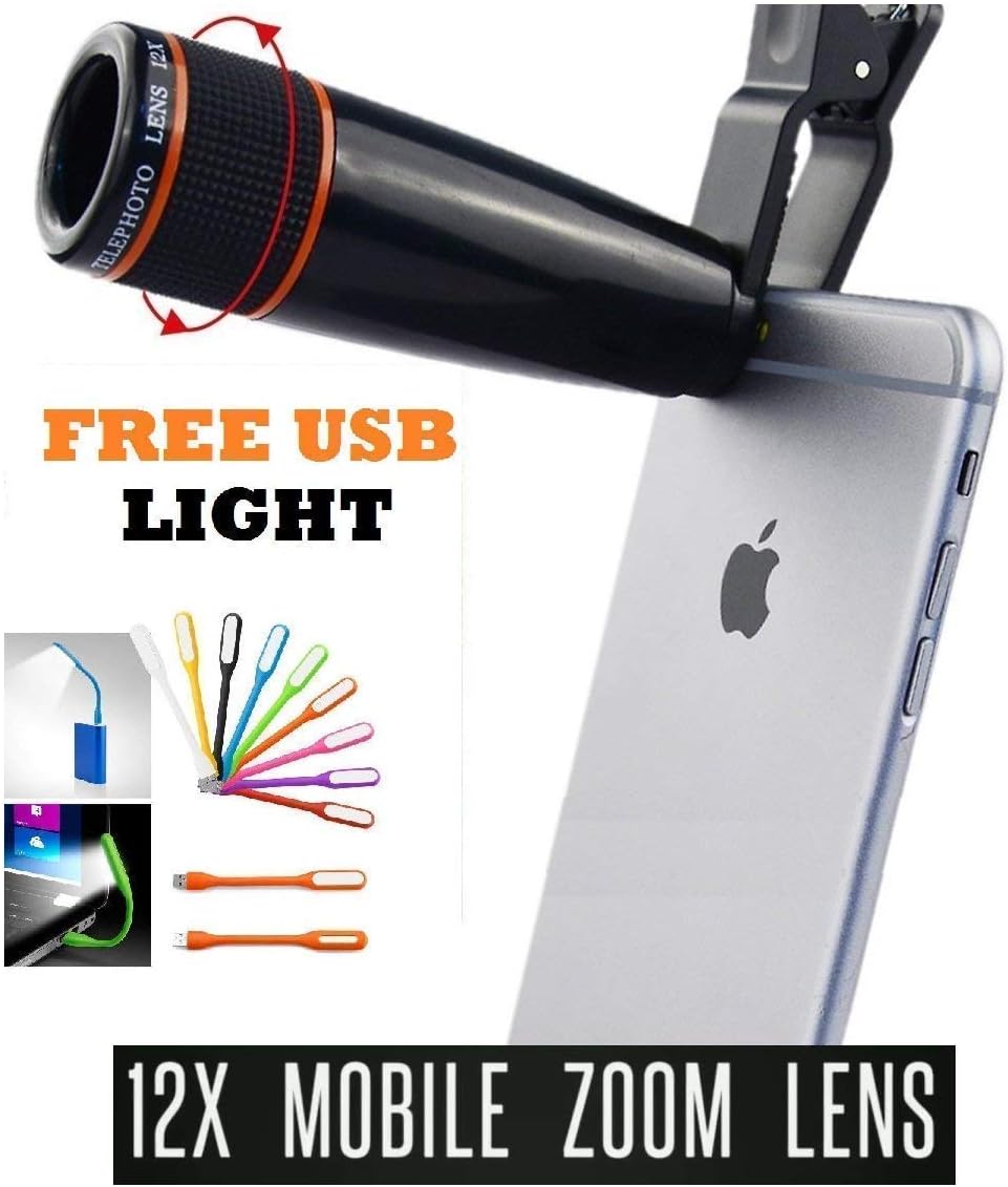 Mobias Retails, [Combo] 12x Zoom Mobile Telescope Camera Lens + USB Light - Adjustable Focus, Hd Pictures, Optical Lens with Cover and Cleaner