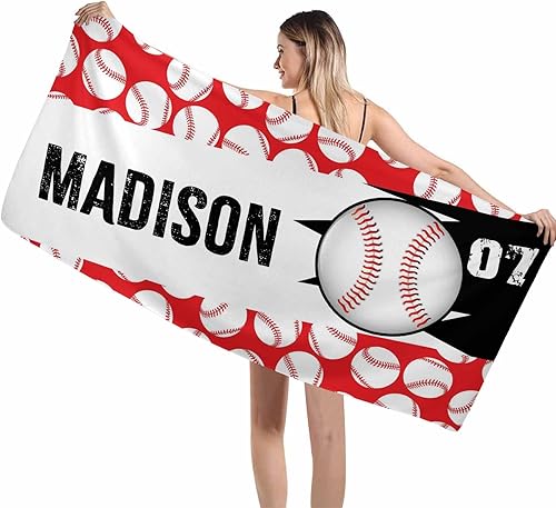 Artsadd Toalla de playa personalizada para adultos, manta de playa personalizada con bola roja y blanca con nombre inicial como regalo de fiesta