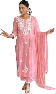 Nefer Women's PeachFloral Embroidered Pure Cotton Chikankari Straight Kurta With Trousers and Dupatta Price In India