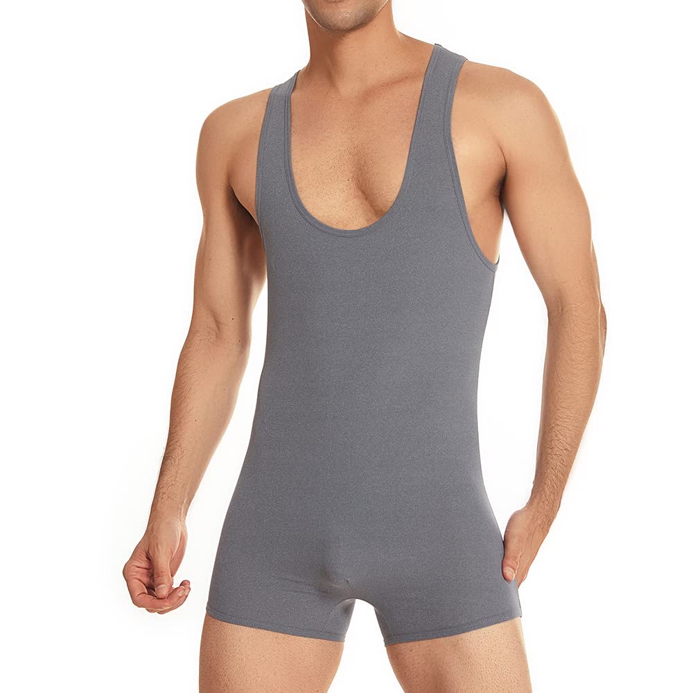 Men Bodysuits Slip Fitness Shapewear Underwear Athletic Supporters Wrestling Singlet Leotard, Grey, Medium