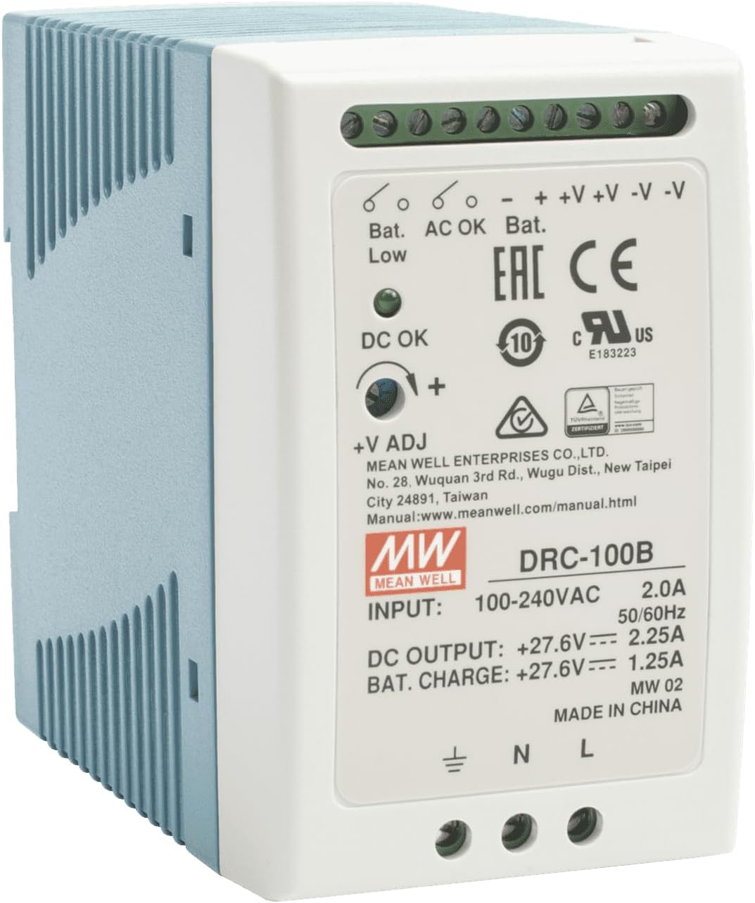 Mean Well DRC-100B DIN Rail Single Output Power Supplies with Battery Charger UPS Function, 96.6W CH1 27.6V2.25A CH2 27.6V 1.25A, 90 ~ 264 VAC, 127 ~ 370 VDC Input.