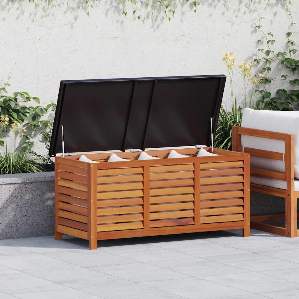 Caja de jardín con placa de metal 117 x 50 x 55 cm, espacio para cojines y cojines, madera maciza de eucalipto como banco y caja de almacenamiento