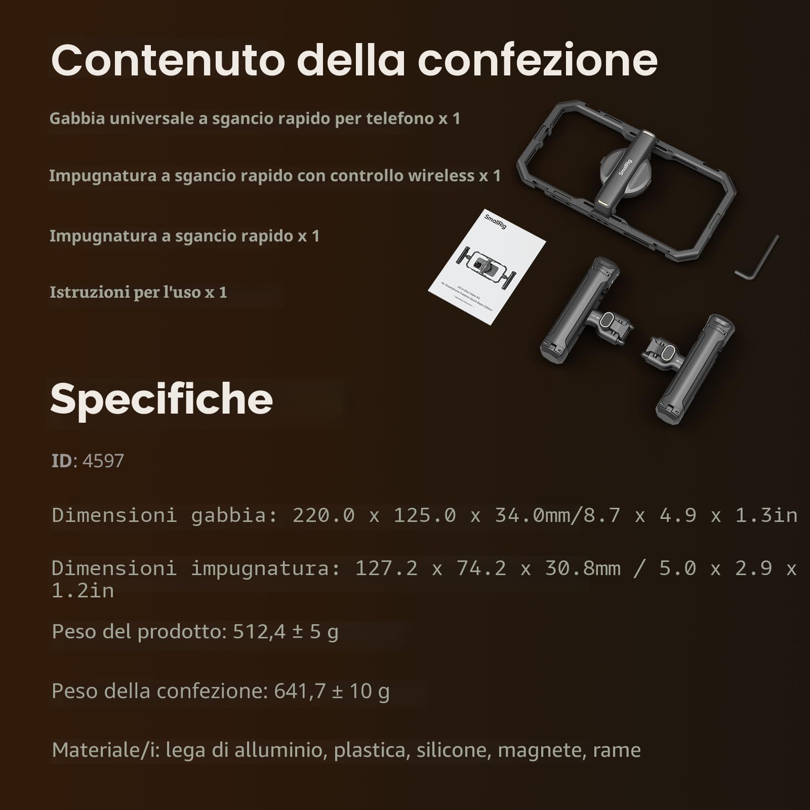 SMALLRIG Universal QR Phone Cage Kit Basic, Rig Video in Alluminio con Maniglia di Controllo Wireless, Maniglia QR e Clip per Telefono, Supporto per MagSafe, per iPhone 16/15/14/13 Serie - 4597