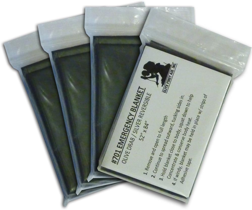 Elite 1st Aid 4-Pack Olive Drab Emergency Space Blankets (Military Casualty/Trauma Survival Blanket)