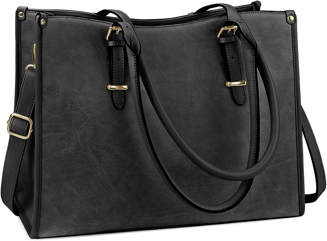 15.6 inch Laptop Handbag Large Leather Shoulder Bag for Women Work School Shopping Business Black