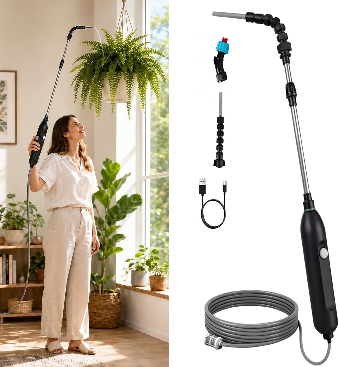 High Reach Plant Waterer for Indoor Plants, Electric Hanging Plant Waterer with 25.6"–35.4" Telescoping Watering Wand, 2000mAh Rechargeable Indoor Plant Watering Device with 6.8 ft Hose & Spray Nozzle